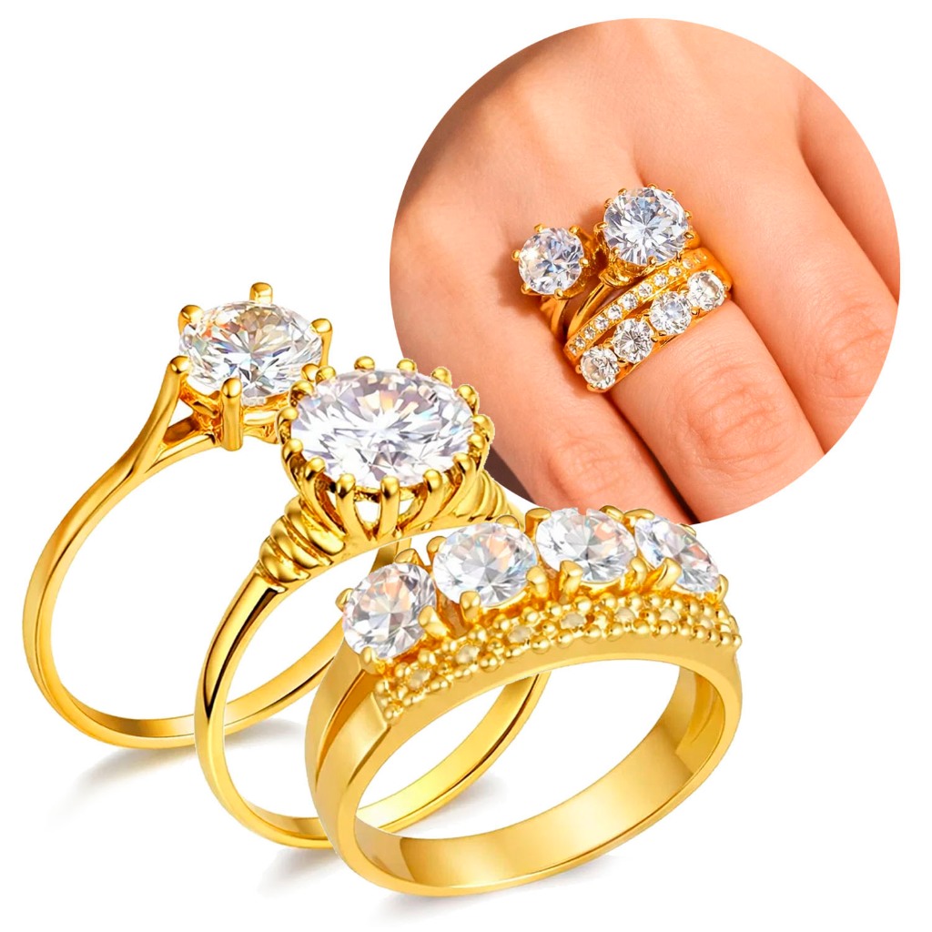 Kit 3 Anéis Virginia Moeda Antiga Dourado Luxo Zircônia Brilhante