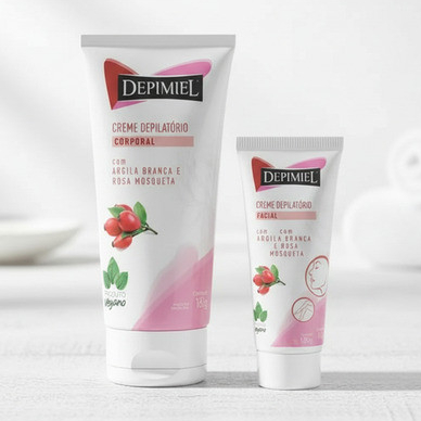 Kit Creme Depilatório Corporal + Creme Depilatório Facial Argila Branca e Rosa Mosqueta 120g+40g