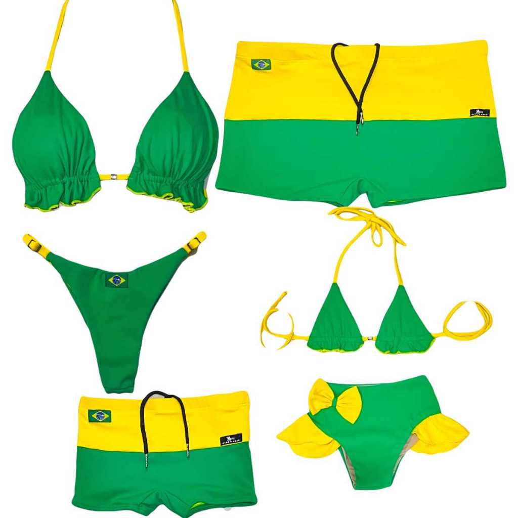 Monte Seu Kit Moda Praia Familia Brasil Copa 2026 Mae, Pai, Filha e Filho Maio Sunga Biquini Proteção UV