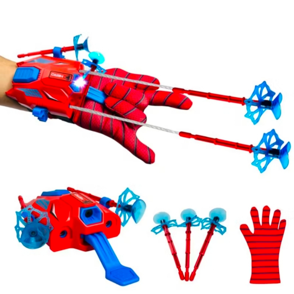 Luva lanca dardos com mira lazer  e de homem aranha, dardos com ventosa e teia de aranha.