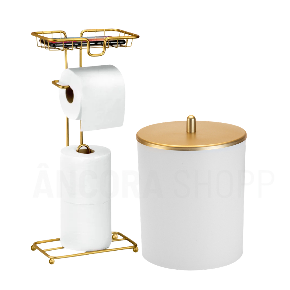 Kit Banheiro 2 Peças Dourado Porta Papel Higiênico Aço + Lixeira para Banheiro 5 Litros Arthi em Aço