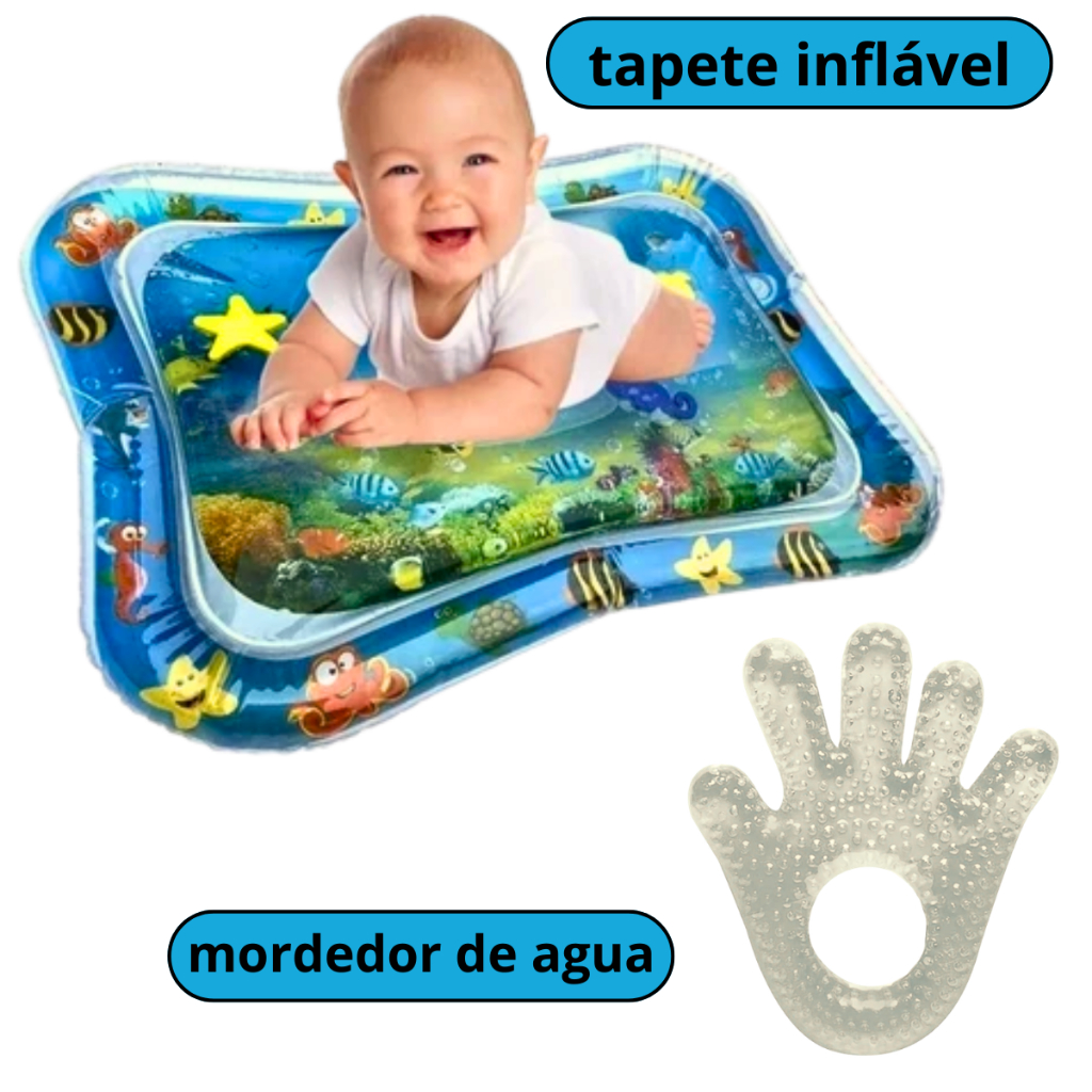 Kit Mordedor Com Água Macio Livre BPA + Tapete Infantil Inflável Atividades Sensorial Almofada