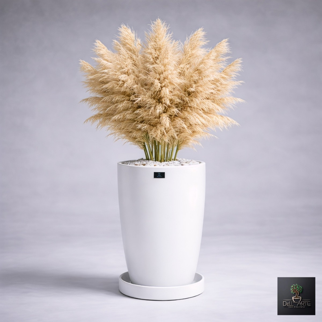 Dell’Arte Eleganza Vaso Decorativo em Fibra de Vidro Estilo Vietnamita Branco Brilhante 44 cm