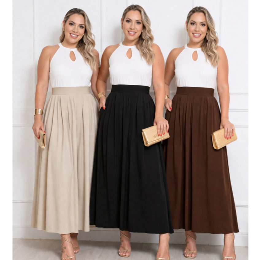 Saia Longa Feminina Plissada Com Bolso Casual Elegante
