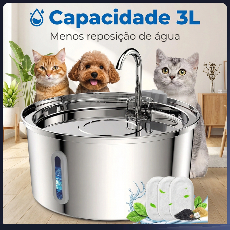Fonte de Água Pet 3L Aço Inox 304 Automática com Filtro Silenciosa USB para Gatos e Cães