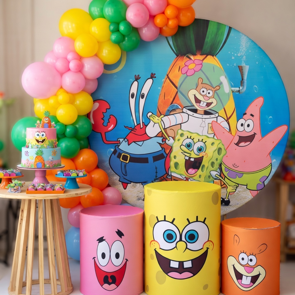 Kit Pegue e Monte Tema Bobe Esponja Capas Sublimadas Bibi Painéis + Cilindros Veste Fácil Decoração Festa