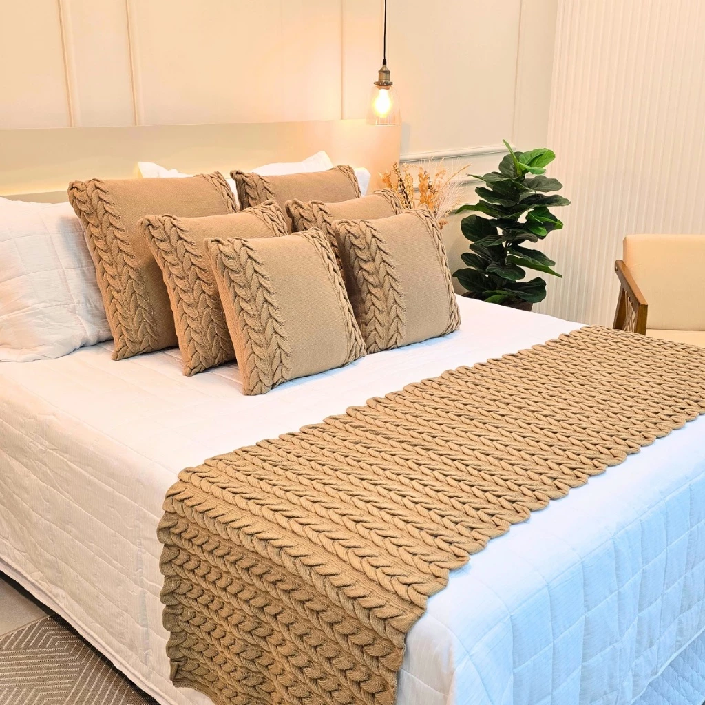 Kit Peseira Manta Tricot Sofá Cama Casal Queen King Aconchego Home Decor + 2 Capas Almofadas — imagem 1
