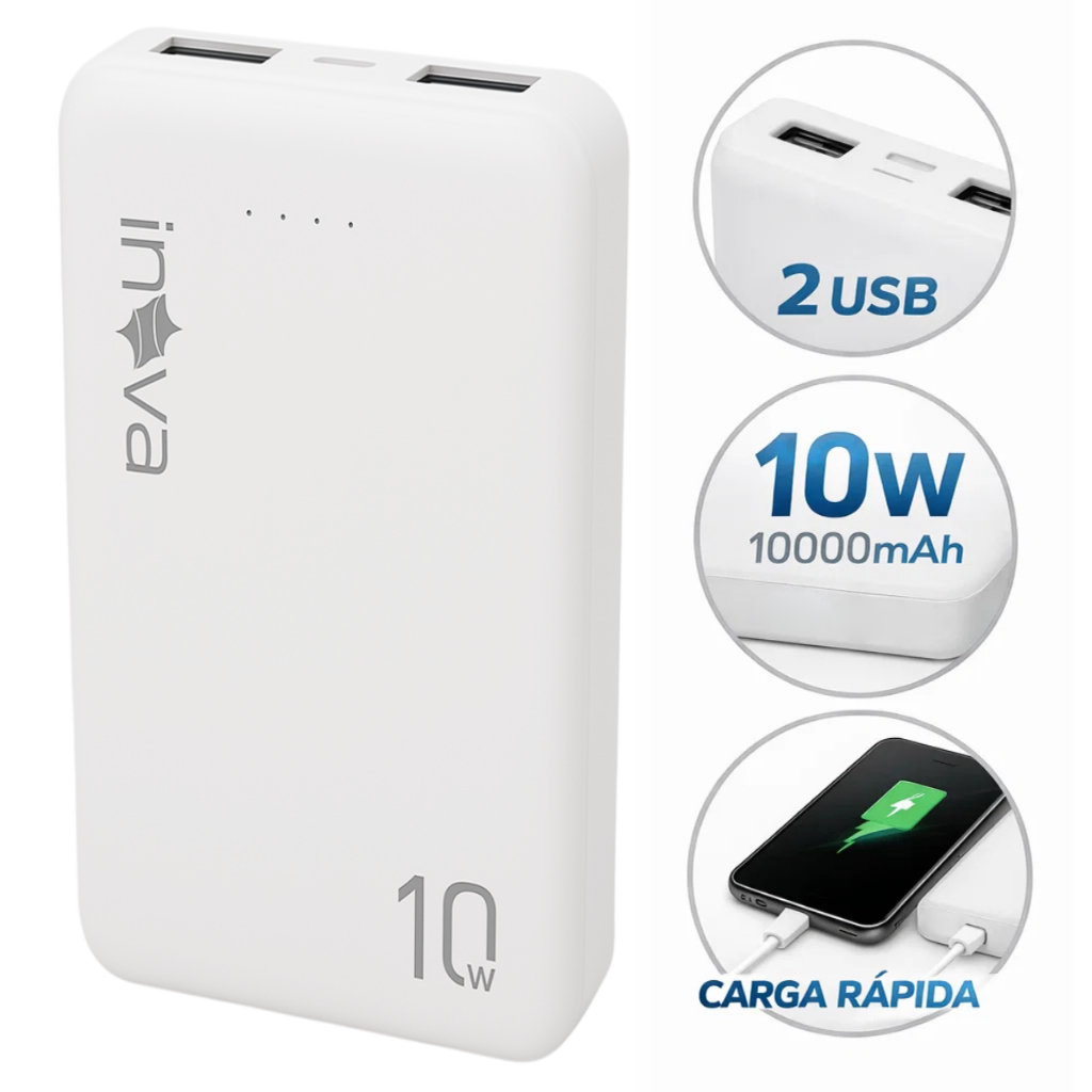 Power Bank 10000mAh com 2 Saídas USB Bateria Externa Universal Inova