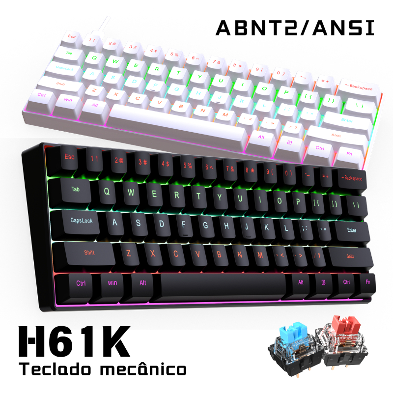 Zifriend H61k Teclado Mecânico 60% Abnt2 Switche Red/Blue Rainbow LED Wired Gaming Hot-Swappable