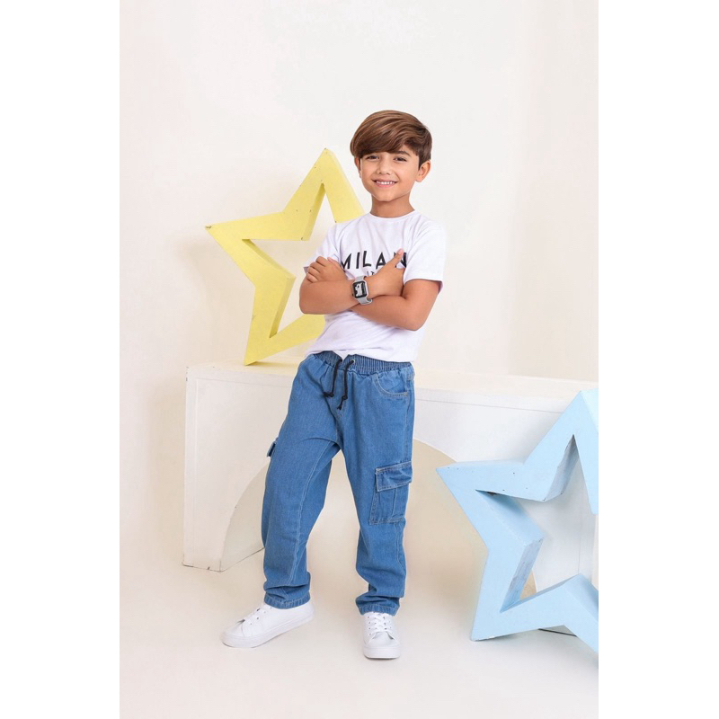 Calça Cargo azul infantil juvenil confortável bolsos laterais com regulador