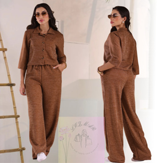 Conjunto Feminino Canelado Malha Ribi Blusa Manga 3/4 com Botões e Calça Soltinha em Oferta na Shopee