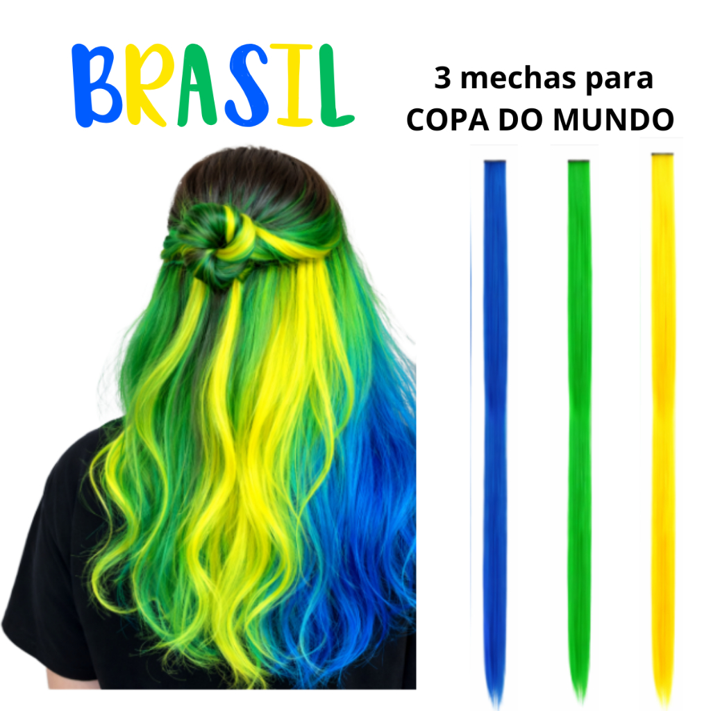 Mecha Cabelo Colorido KIT com 3  Clip Aceita Prancha E Babyliss 55cm Tic Tac Azul Amarelo Verde Alongamento De Cabelo em Oferta na Shopee