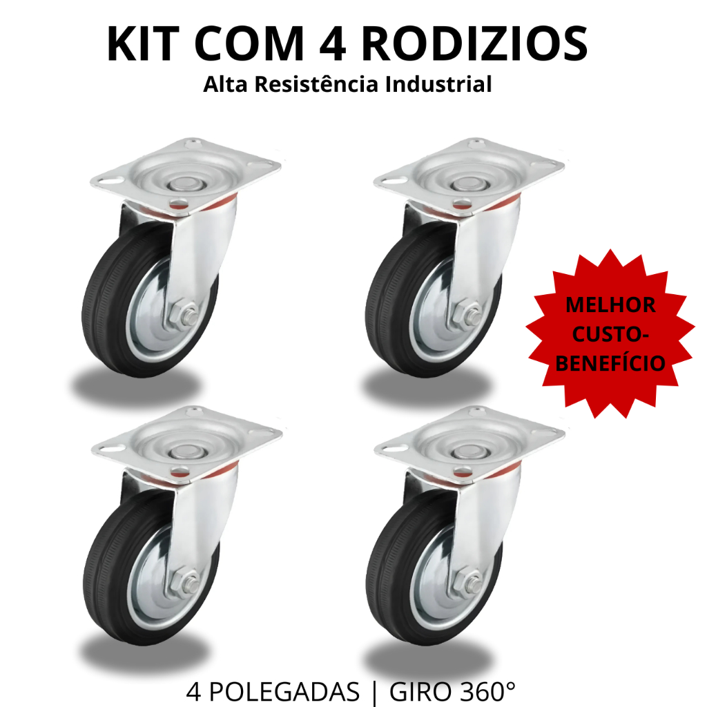 KIT 1, 2 E 3 RODÍZIO INDUSTRIAL GIRATÓRIO 4 POLEGADAS 100KG – ALTA RESISTÊNCIA E DURABILIDADE