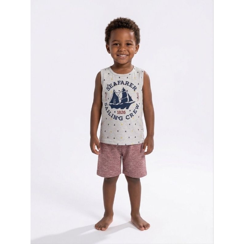 Conjunto Infantil Masculino Regata Estampada Barco + Shorts Confortável Verão Menino tam 4 Pipa