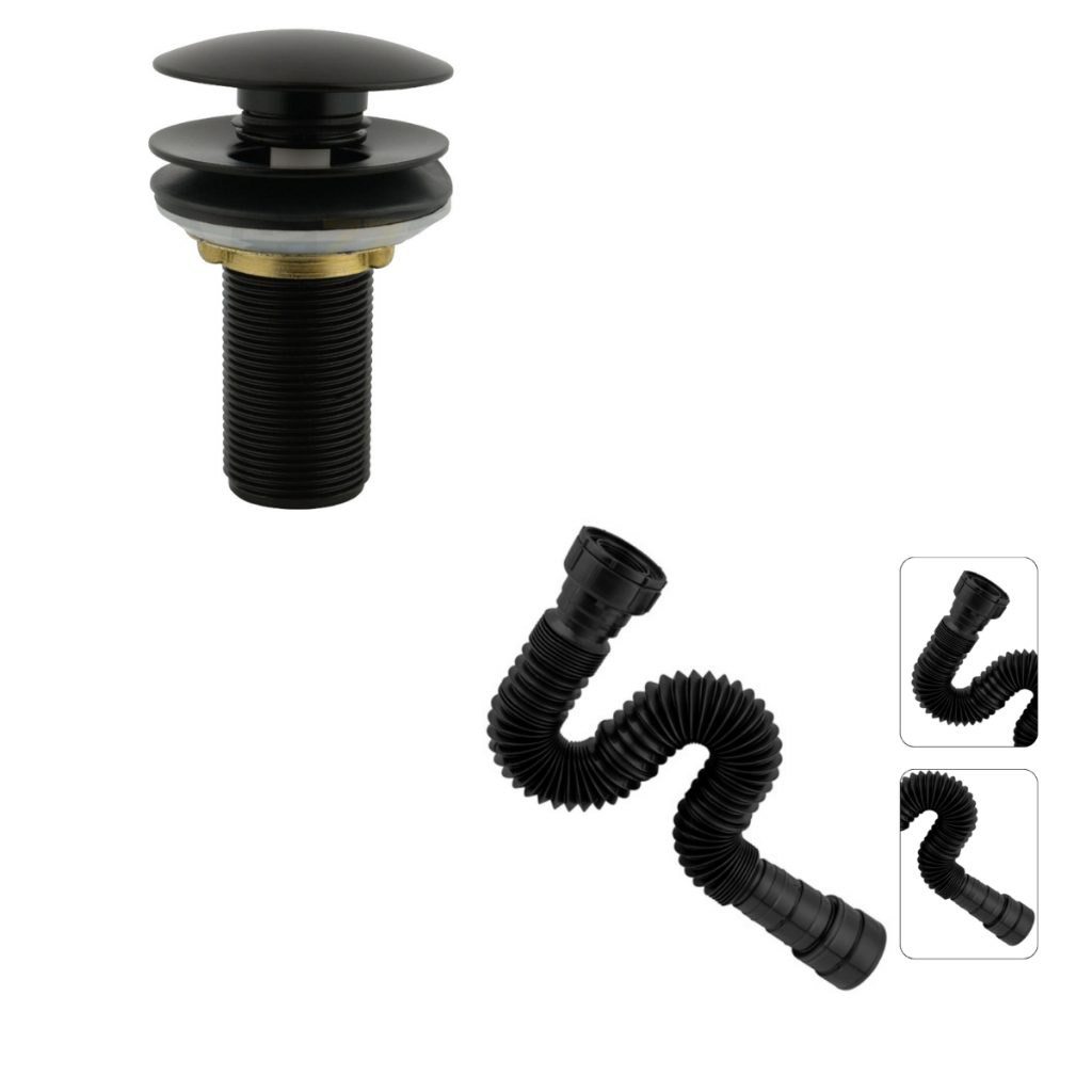 Válvula Click 7/8 Metal Preto C/ Sifão Sanfonado 70cm para Pia Cuba Banheiro Lav