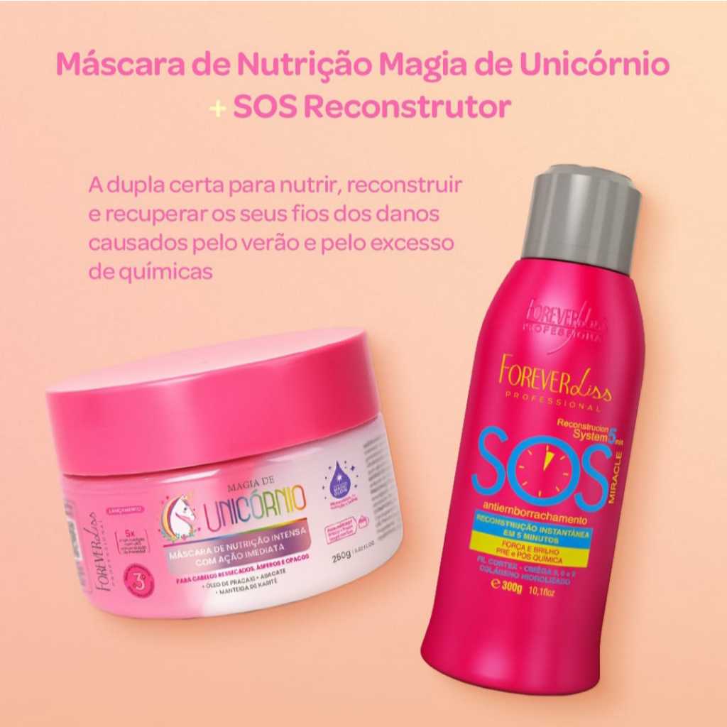 Forever Liss Kit Máscara Magia de Unicórnio 250g Nutrição Intensa + SOS Antiemborrachamento 300ml