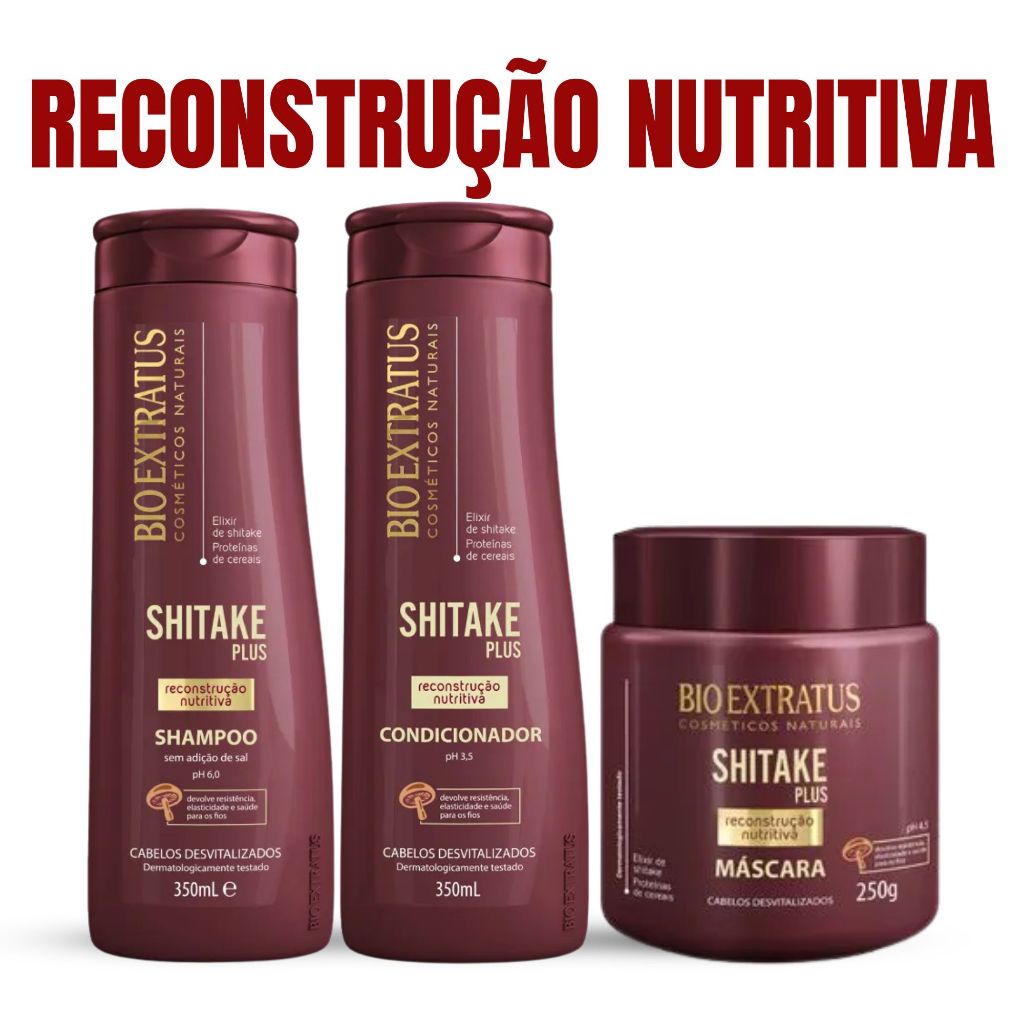 Kit Shitake Plus Bioextratus Shampoo + Condicionador 350ml + Máscara 250g Reconstrução Nutritiva
