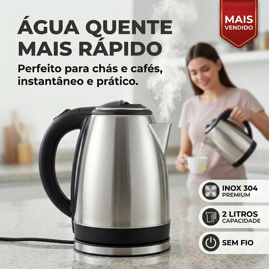 Chaleira Elétrica com Desligamento Automático Inox 2L Aquecimento Rápido Base 360° Água Quente Café Chá Cozinha Prática