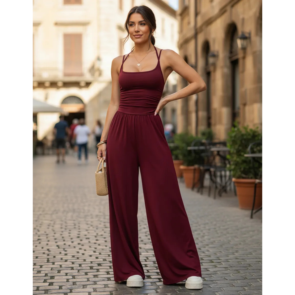 Macacão Longo Feminino Pantalona Fluido Alça Dupla Elegante Franzido Luxo Casual Soltinho Lançamento