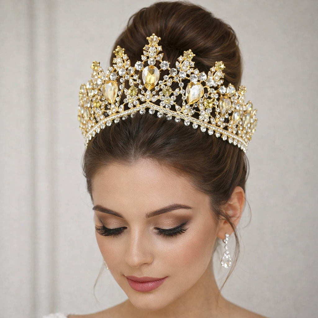 Coroa Tiara Porta Coque Dourada Cristais Penteado Noiva Casamento Festa de 15 Anos Elegante