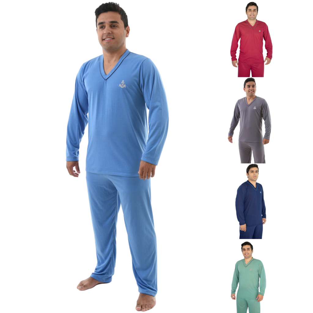 Pijama Masculino Inverno Adulto Liso Malha Macia Manga E Calça Comprida