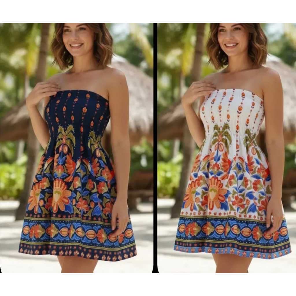 vestido feminino tomara que caia estampado com elástico.