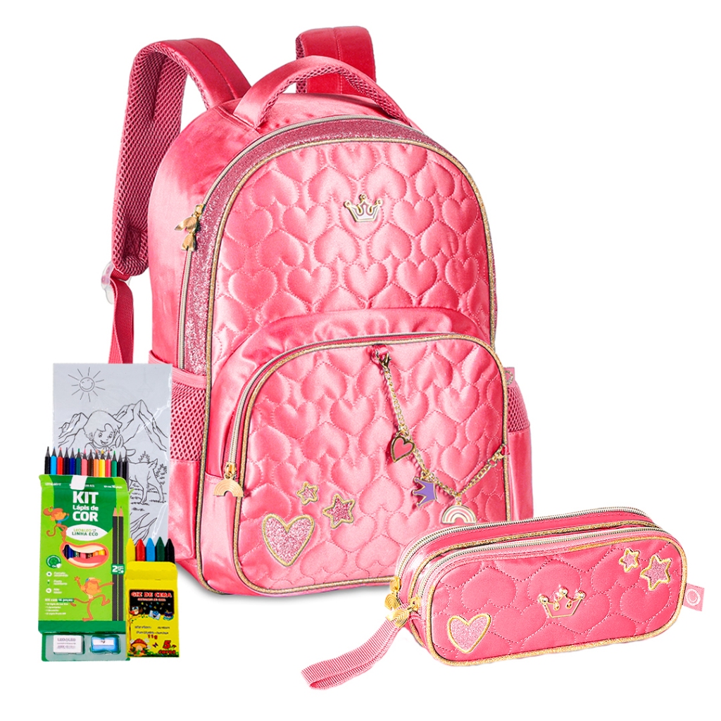 Kit Mochila Estojo Infantil Escolar Sweet Queen Oficial Correntinha Zíper Personalizado Costas