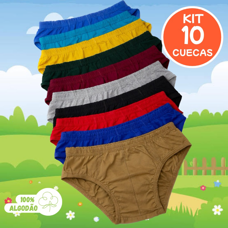 Kit 10 Cuecas Infantil Slip Tradicional 100% Algodão Menino em Oferta na Shopee