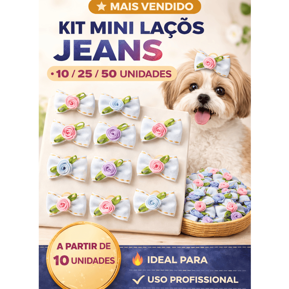 Kit Mini Laços Pet Jeans com Rococó (10/25/50 Unidades) – Laço para Cachorro Pequeno | Shih Tzu, Lhasa Apso | Pet Shop