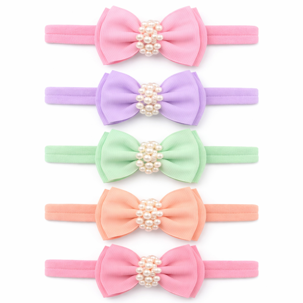 Kit 4 Tiaras Infantil Laço com Pérolas Cores Sortidas Faixa Bebê Ajustável Macia Confortável maternidade enxoval