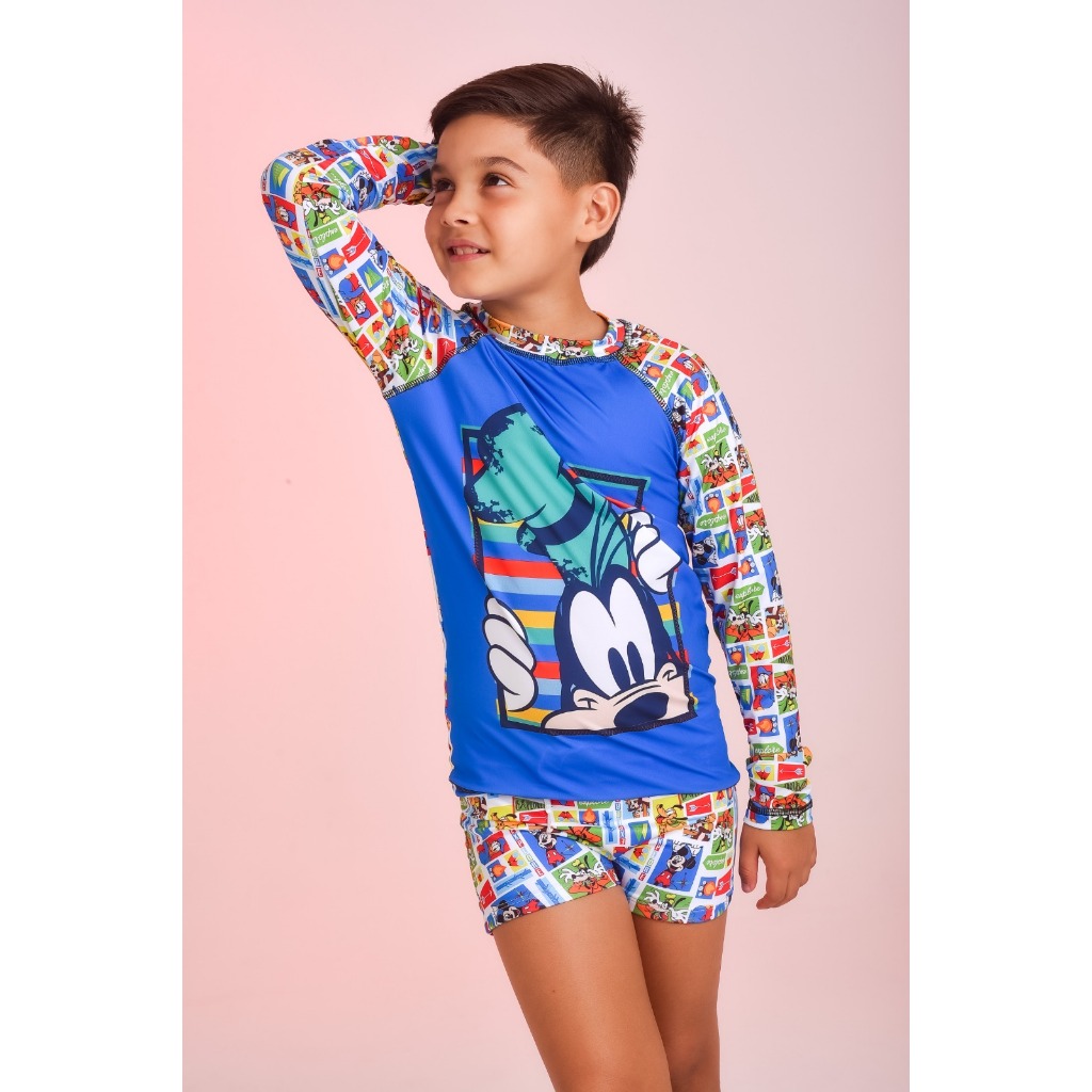 Conjunto manga longa blusa + sunga biquini menino moda praia piscina, natação 2 ao 12 anos proteção uv 50