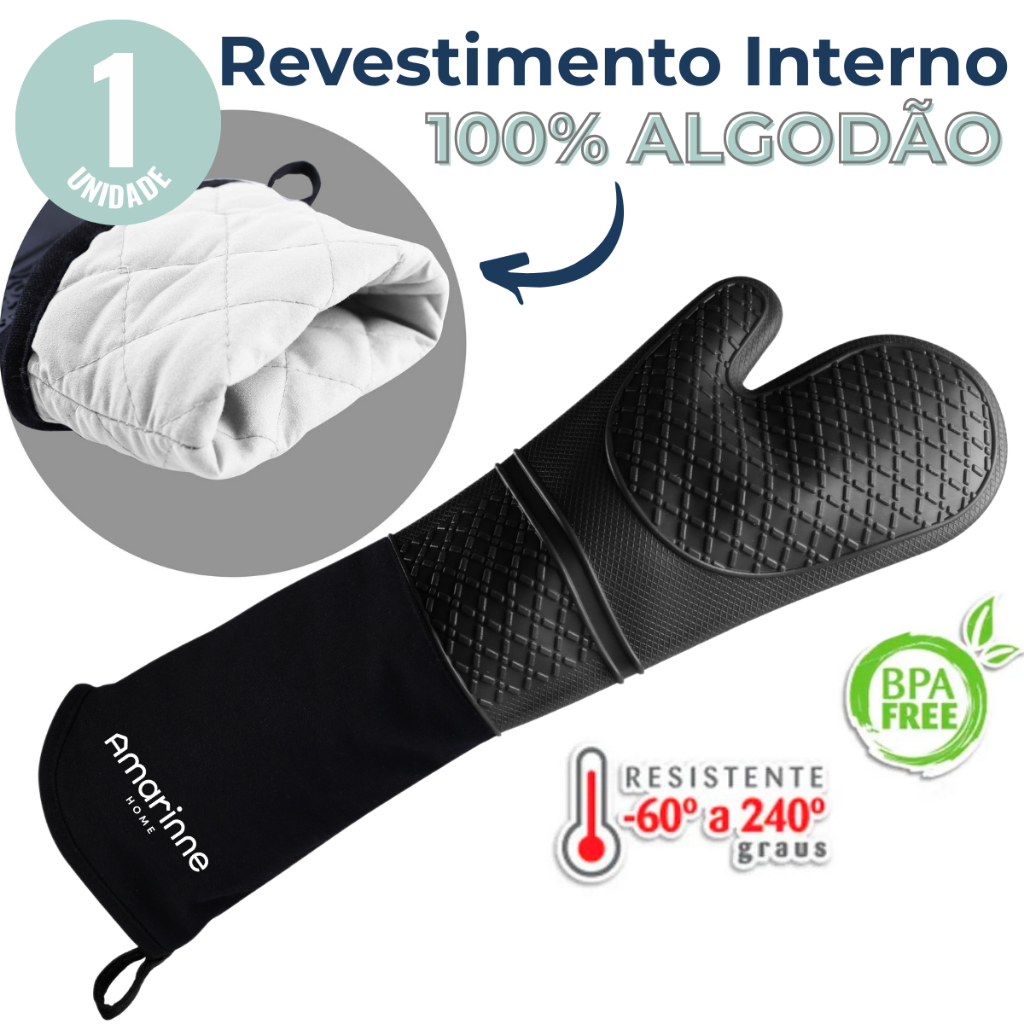 Luva Cozinha Térmica Forno Fogão 50cm Industrial Alta Temperatura Profissional Silicone Algodão