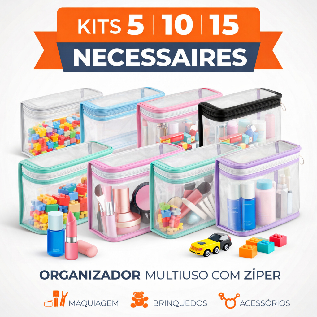 Necessaire Organizador Multiuso com Zíper Kit 5 10 15 para Maquiagem Brinquedos Acessórios 17x19x5