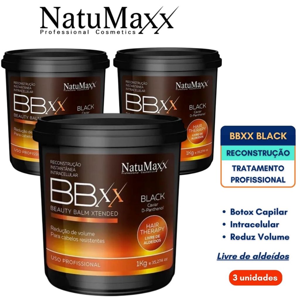 Kit 3 BBXX Beatuy Balm Black Máscara Botox Capilar Profissional Nutrição Hidratação Natumaxx 1kg