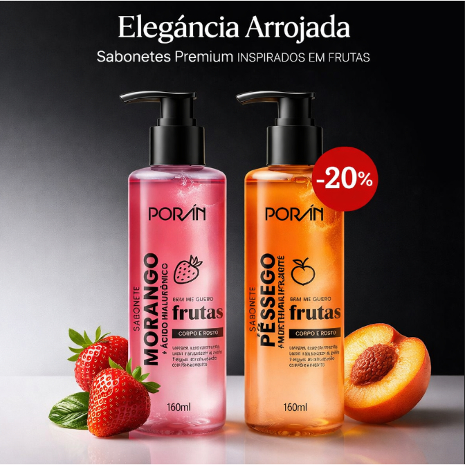 Sabonete Líquido Pump Porán - Morango Fresh Pêssego Love Limpeza Suave Fragrância Explosiva Banho Premium