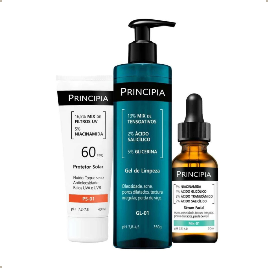 Principia Kit Completo Acne Gel de Limpeza 01, Protetor Solar e Serum Mix 01 Clareador