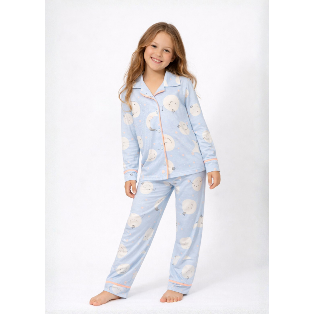 Pijama Americano Longo Infantil e Juvenil Menina em Algodão - Lua Azul