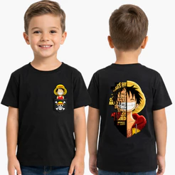 Camiseta One Piece Luffy Infantil e Adulto Preta Estampa Frente e Costas 100% Algodão