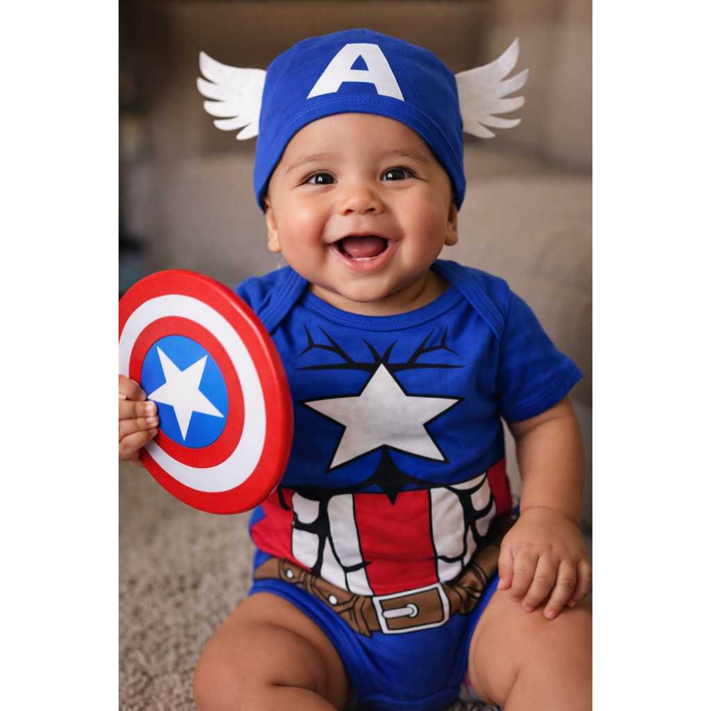 Body Bebê Capitão América com ESCUDO 3D PREMIUM - Acessório Mesversario fantasia Infantil HERÓIS MARVELL Bebe Menino