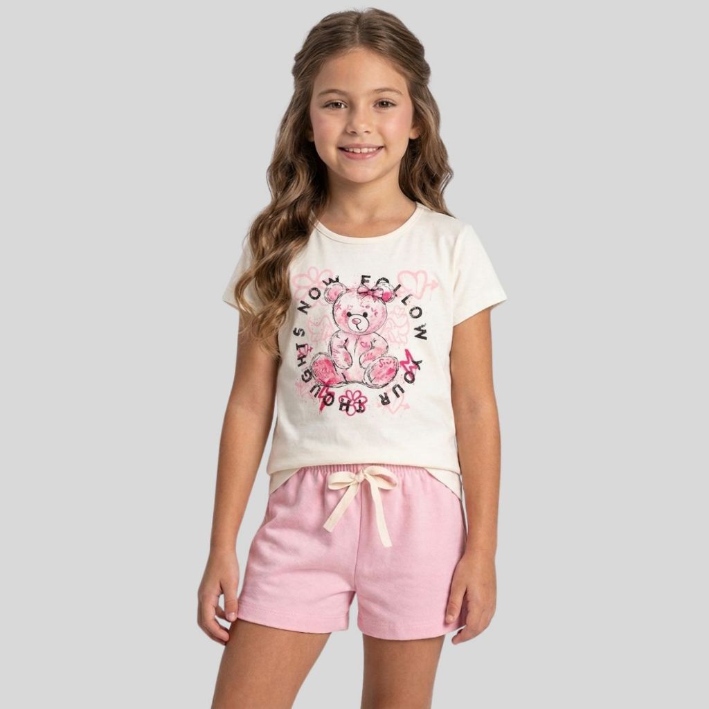 Conjunto Infantil Roupa Menina Ursinho Verão Blusa e Shorts Confortável Fresco Dia a Dia