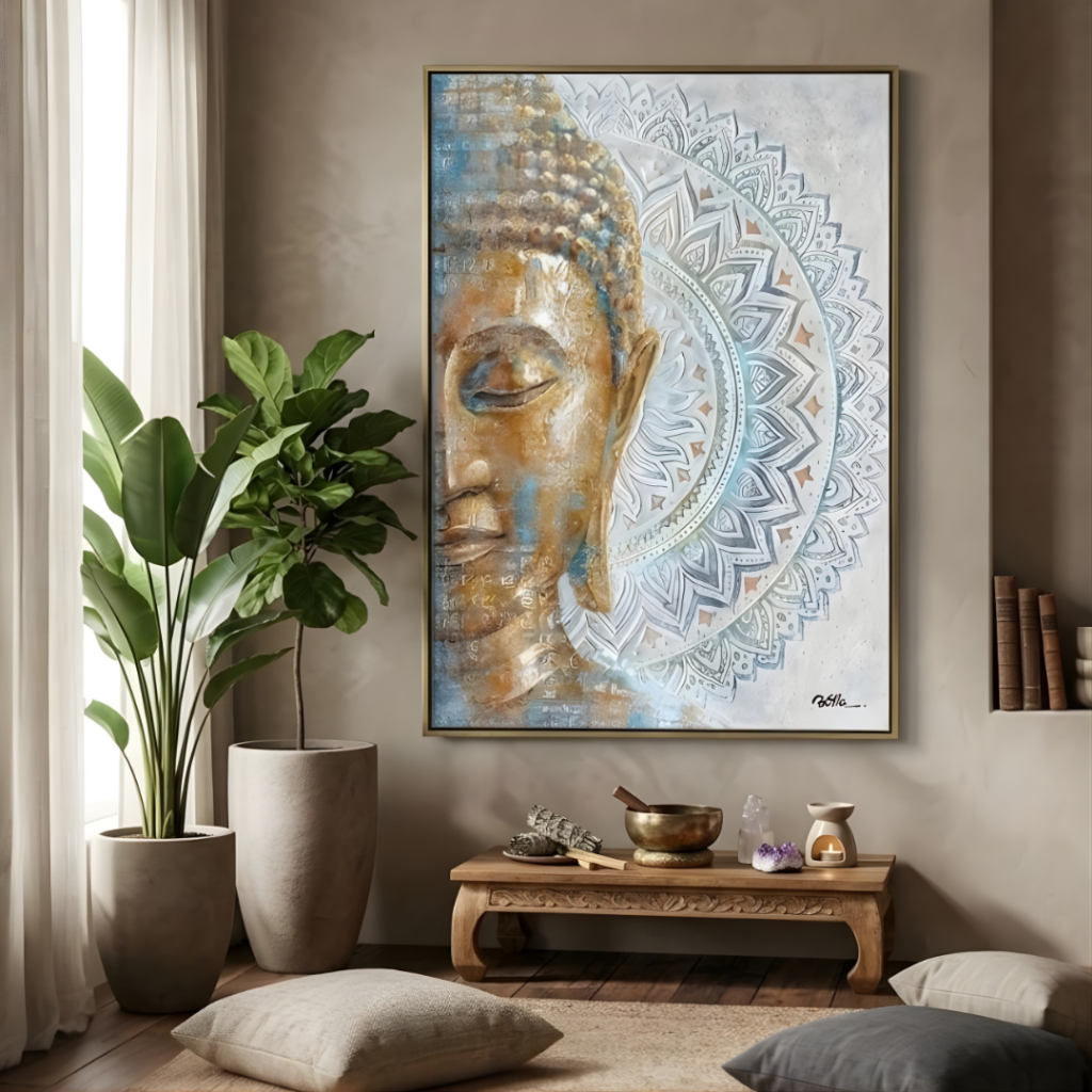 Imagem Quadro Decorativo Buda Zen Grande | Mandala Relaxante | Decoração Casa Sala Quarto Boho Luxo Moderno
