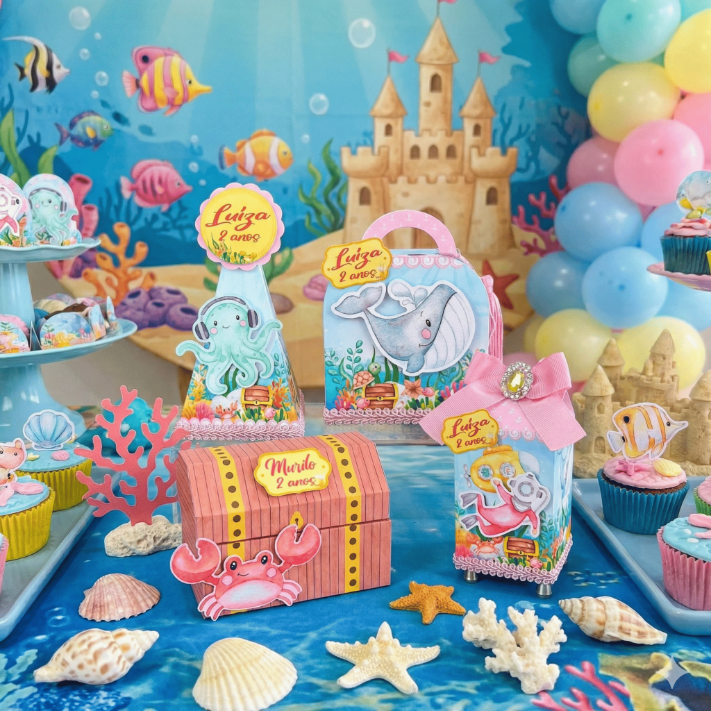 Lembrancinha Fundo do Mar Aquarela Personalizada Menina Rosa Caixinha Decoração Aniversário