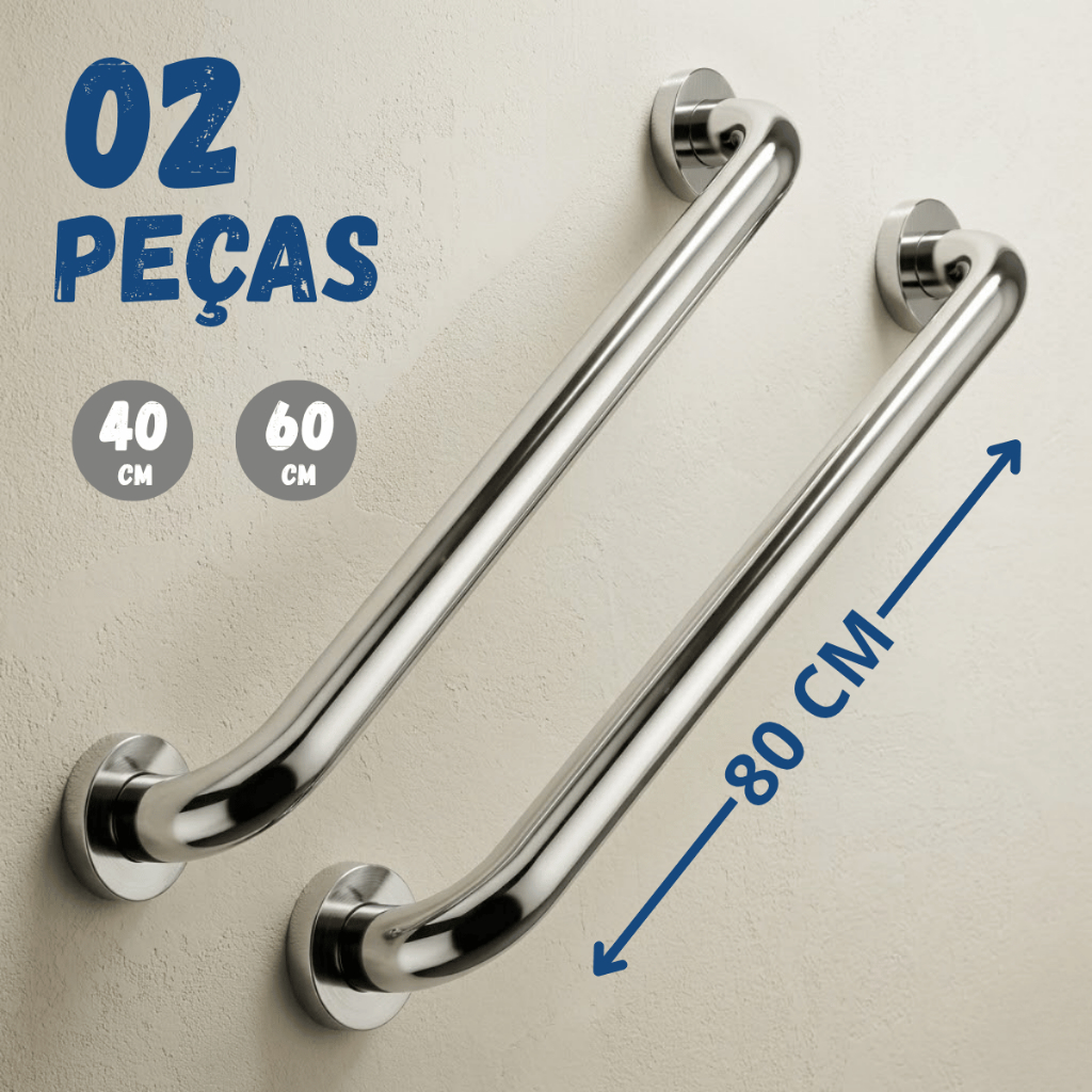 Kit 2 Barra Apoio 60cm 40cm 80cm Antiqueda Inox Banheiro Escada Corrimão Suporte Idosos Alça PCD