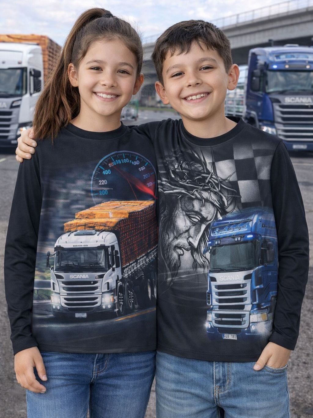 Camisa Térmica Infantil transporte Proteção Solar UV50+ Agro estampada Masculina e Feminina Caminhão