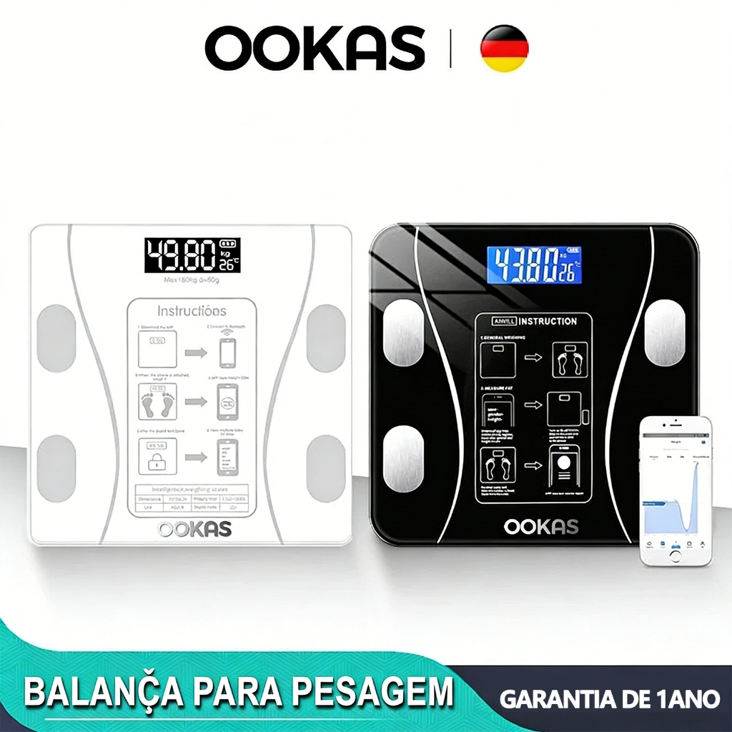 OOKAS Smart 12 em 1 Balança Bioimpedância Digital Corporal APP Bluetooth até 180kg