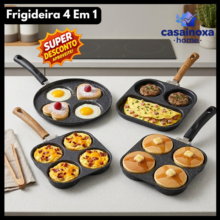 Frigideira Divisória Antiaderente 4 em 1 Multifuncional para Ovos Bacon Hambúrguer Panquequeira Café da Manhã