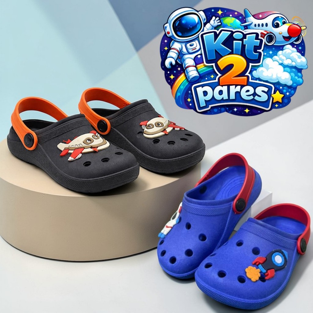 Kit 2 Pares Babuche Infantil Menino Astronauta e Avião Leve e Confórtavel