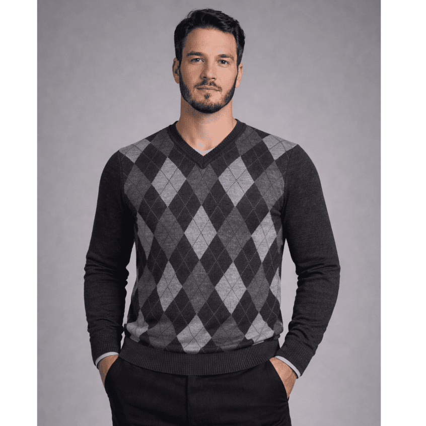 Suéter Masculino Xadrez Losângo| Blusa Gola V em Tricot Casual e Elegante | Outono e Inverno Premium