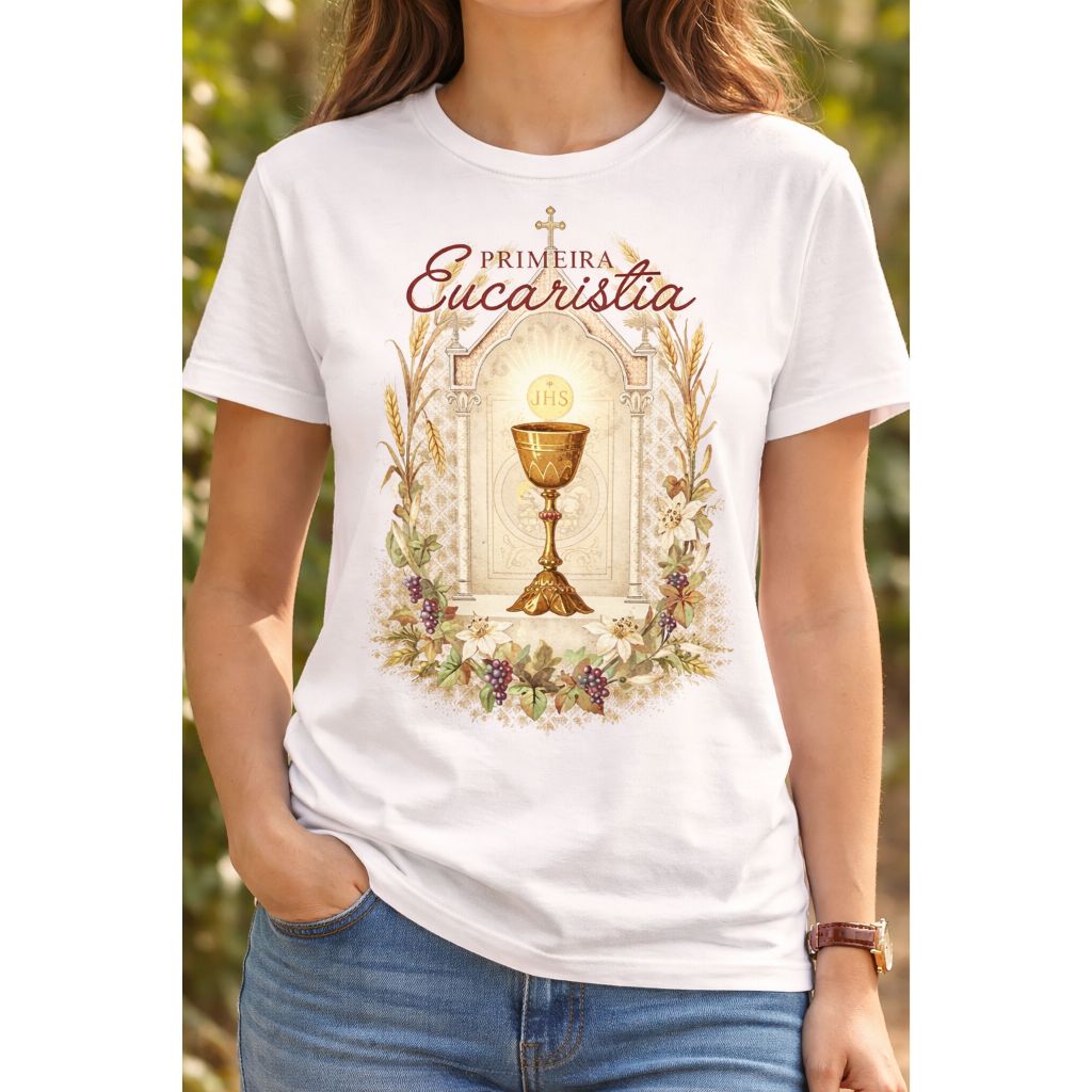 CAMISETA UNISSEX BABYLOOK FEMININA CRISTÃ PRIMEIRA EUCARISTIA JESUS CRISTO CATÓLICA