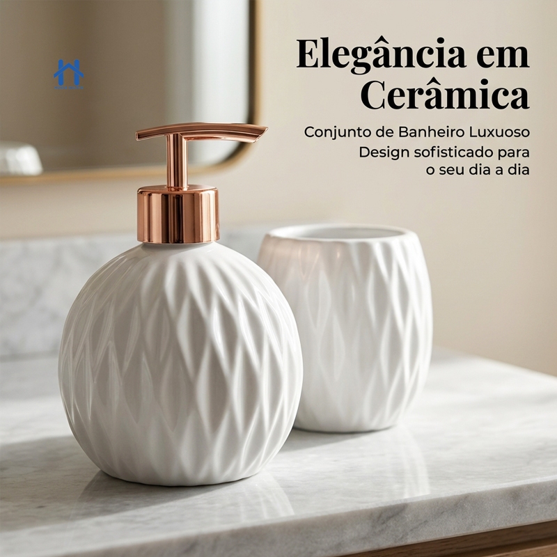 Kit de Banheiro Cerâmica Com 2 Peças Porta Sabonete Líquido e Porta Escova KB3006